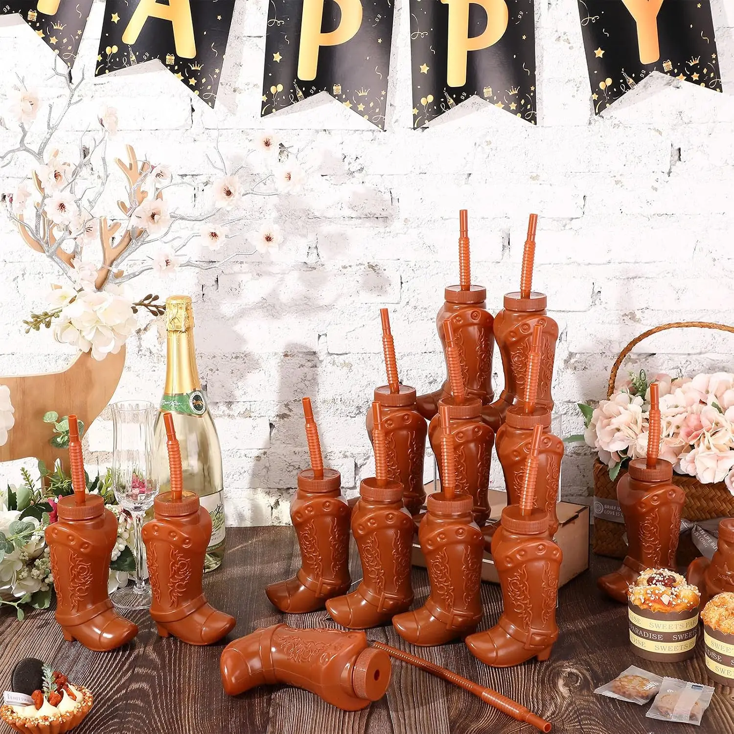 12-24 Pcs Cowboy Boot Cups with Lids and Straws Reusable Western Boot Rodeo Party Favors Bachelorette Events and Themed Bars.