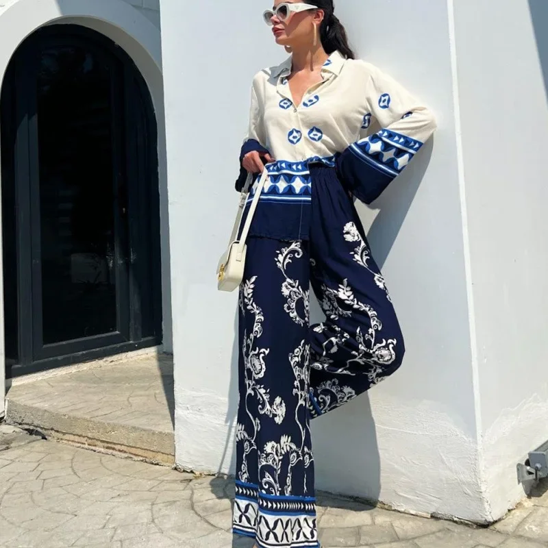 Women Fashion Print Wide Leg Pants Suits Casual Long Sleeves Lapel Buttons Shirts 2 Piece Sets 2024 Female Loose High Streetwear