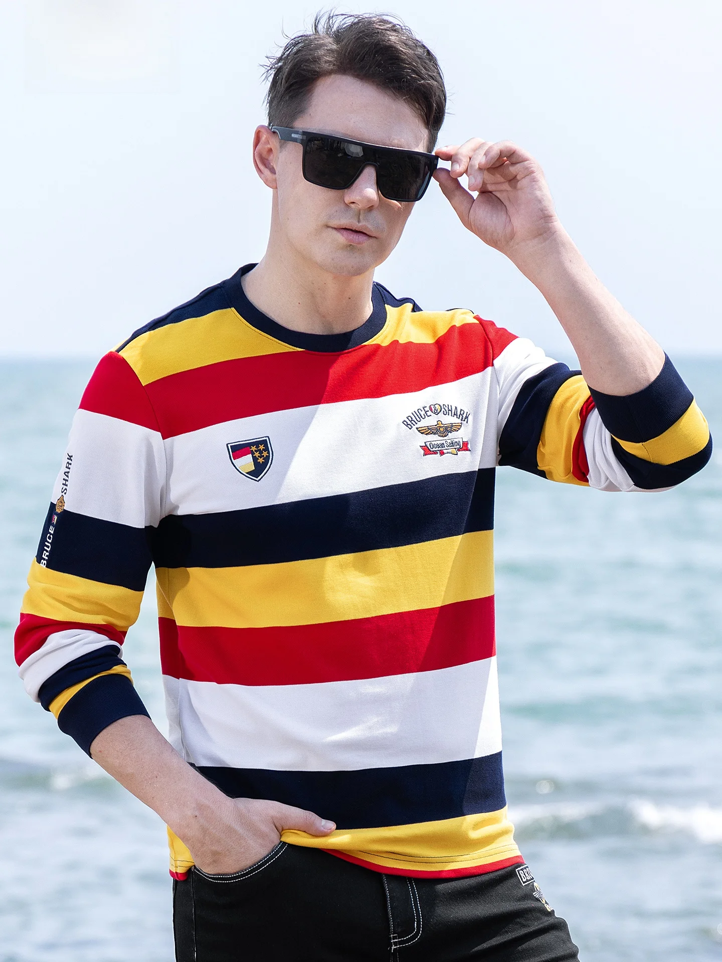 

Loose Fit Pure Cotton Long Sve Men's T-irt Bruce & ark 2024 Autumn New Stripe Design Breathable Comfortable Base irt