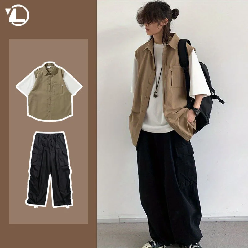 Summer Casual Men Set Japanese Patchwork Fake Two Half Sleeved Shirts+Pockets Cargo Pants 2-piece Set Couple Short Sleeve Suit