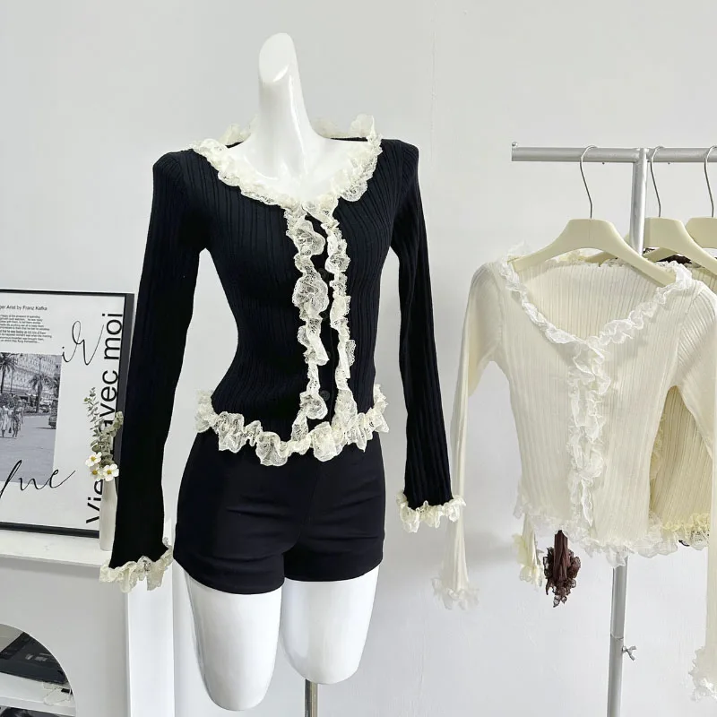 

Women's French Temperament Knit Sweater Chic Lace Patchwork Comfortable Fashion Slim-fit Street Design Women Slouchy Sweater