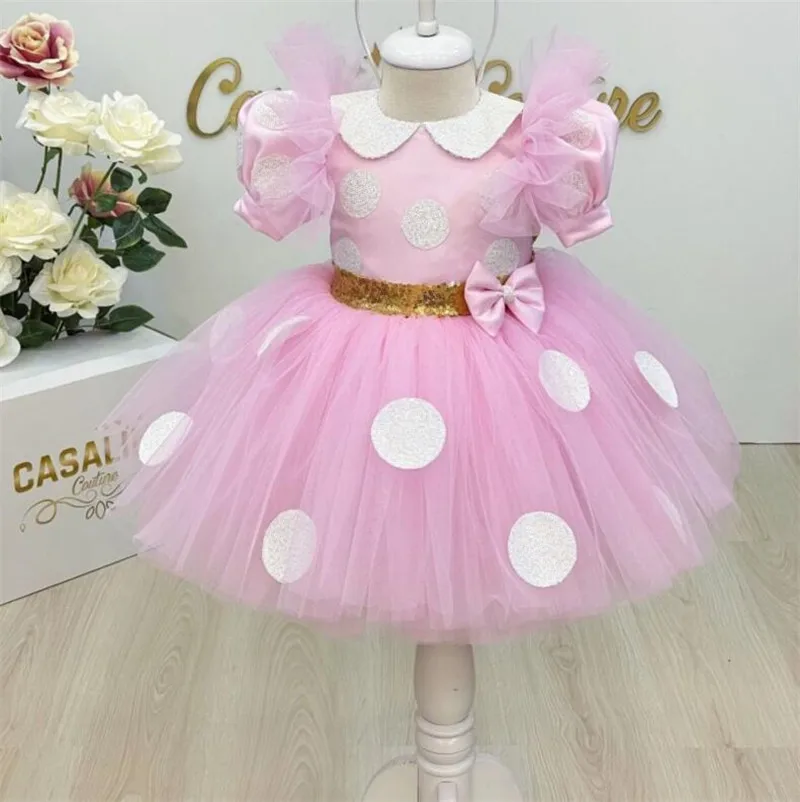 Princess Flower Girl Dress For Wedding Pink Knee Length With Big Gold Sequin Bow Wedding Party Dress Kids Puffy Ball Gown