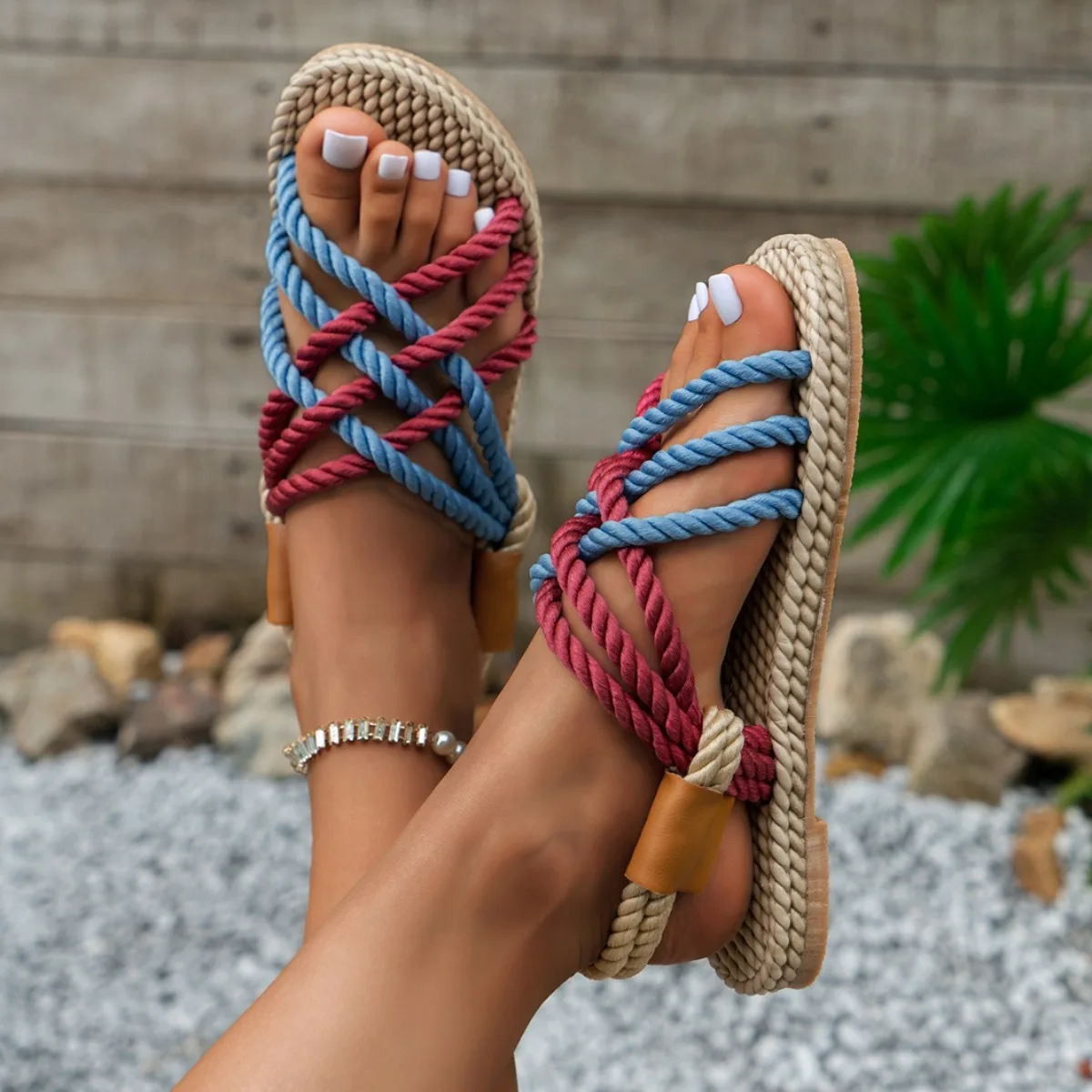 2026 Summer Women Hemp Rope Woven Sandals Roman Rainbow Color Bohemian Straw Flat Sandal Casual Slip Beach Shoes Flat Sandals