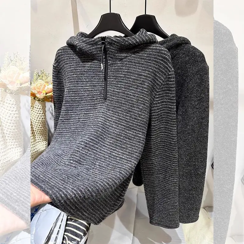 

Женская одежда, утолщенные полосатые толстовки на флисовой подкладке для женщин, осень-зима, свободный пуловер средней длины с начесом, топ с капюшоном