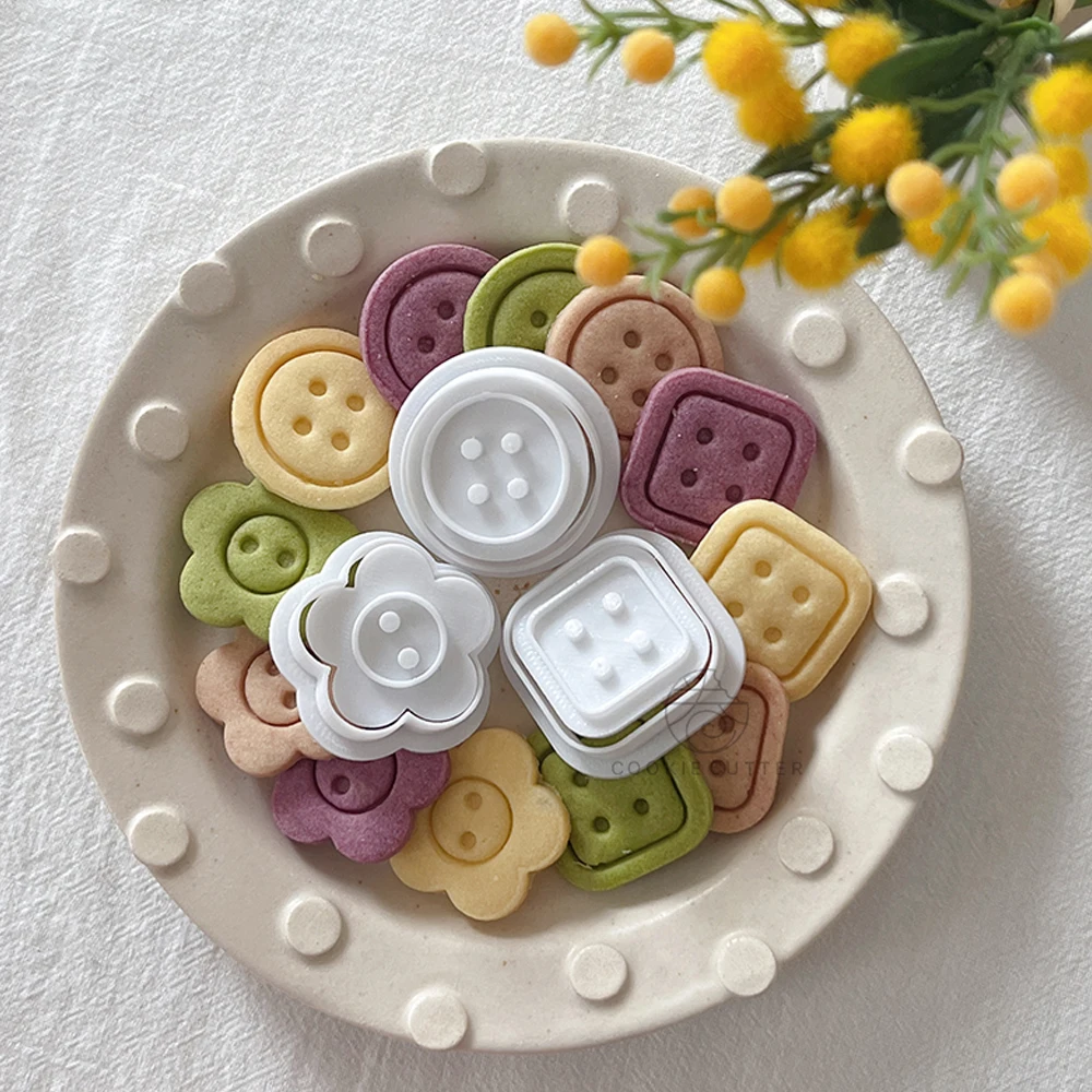 3Pcs/Set Button Shapes Biscuit Mold Flower Round Square Shape Cookie Cutter 3D Hand Pressure Fondant Cake Decorator Sugar Craft