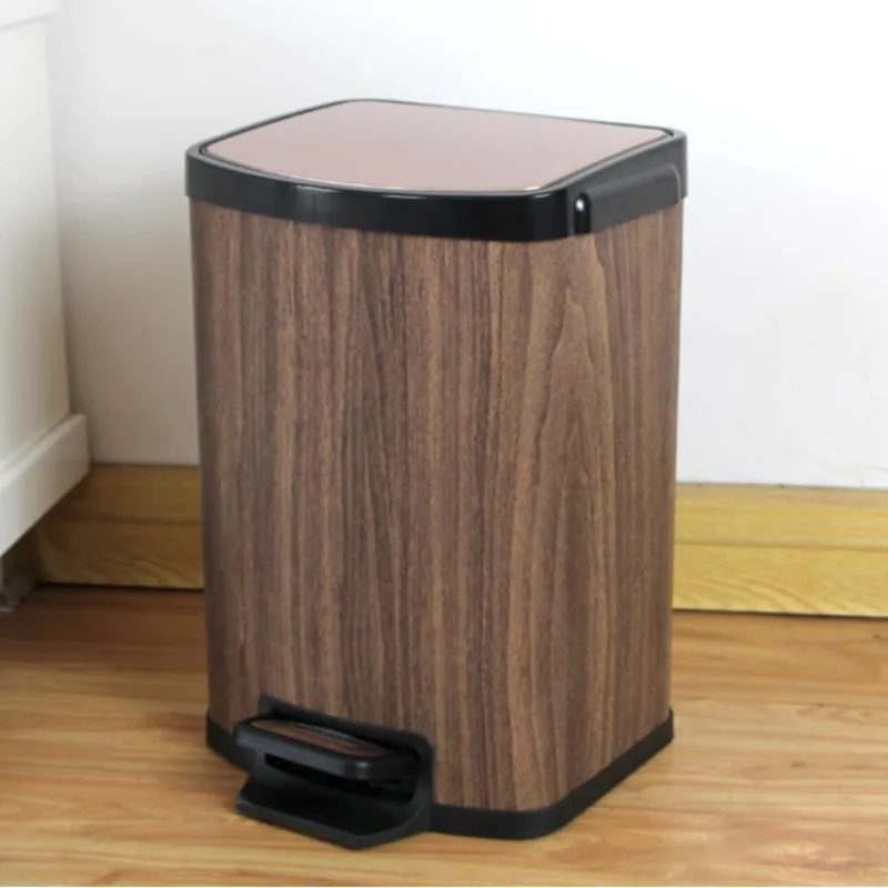 Stainless Steel Wastebasket Living Room Aesthetic Wood Grain Square Litter Bins Large Capacity Pedal Trash Can Home Supplies