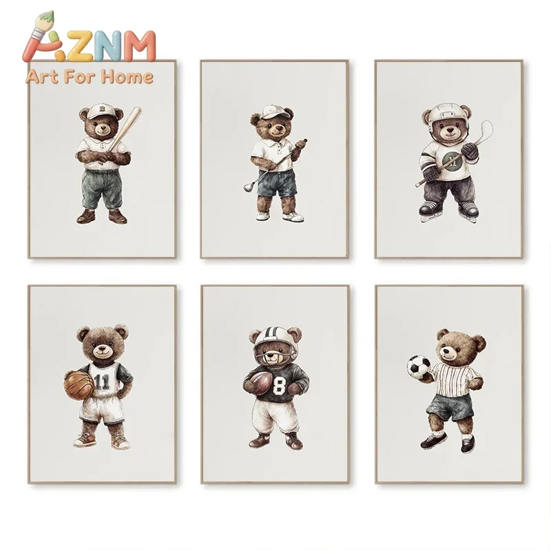 Vintage Teddy Bear Sport Watercolor Posters Basketball Hockey Soccer Canvas Printing Wall  Picture for Living Room Home Decor
