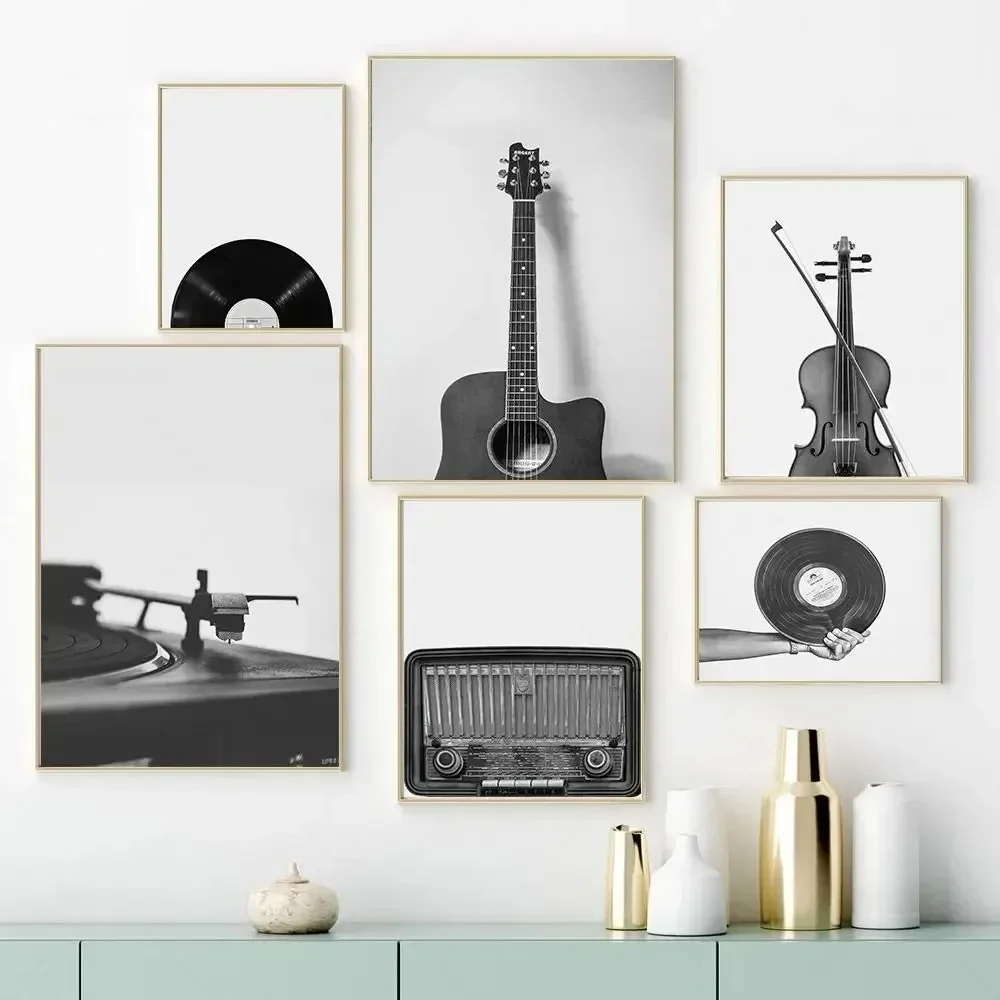 1pc frameless Canvas Painting Modern Simple Wall Art Black and White Music Vinyl Guitar HD Canvas Print Poster Home Living Room