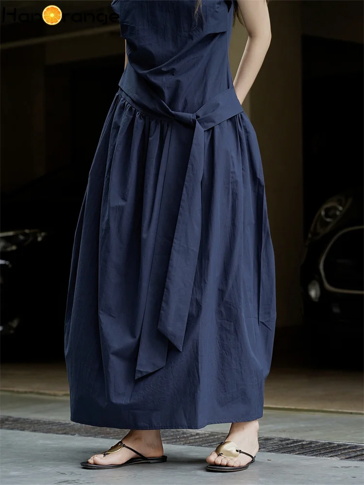 HanOrange 2025 Summer Temperament 3D Pleated Strap Tank Dress Lightweight Breathable 100% Cotton Long Dress Pink/Navy Blue