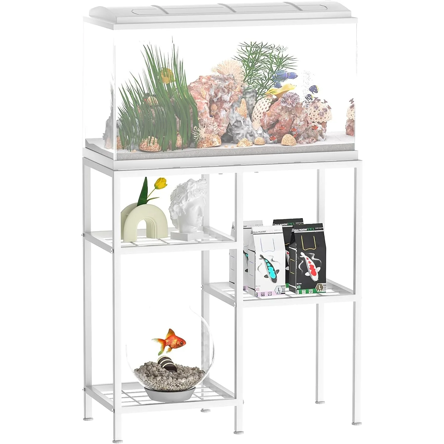 Metall-Aquariumständer, 3-stöckig, robust, 75 l Schildkröten-/Reptilien-Tankregal, weiß, Mehrzweck-Aquariumschrank mit Stauraum