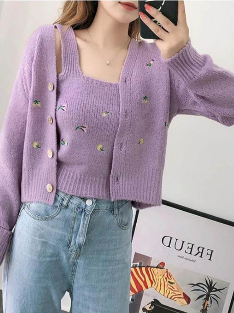 Women's Sweaters Autumn Winter New Korean Fashion Knitted Cardigan Set Foreign Style Age-reducing Embroidered Two-piece Short