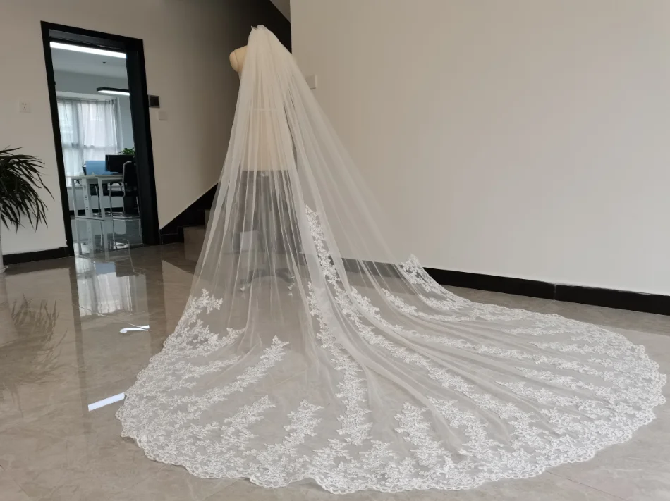 高級大聖堂ウェディングベール-1t-レースベール、レースブライダルベールホワイトアイボリーシングルベール、花嫁ベール