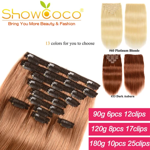 Extensión de cabello Showcoco, 100% Remy, extensiones de cabello humano, pinzas de cabello coreanas, Clip recto sedoso en el cabello