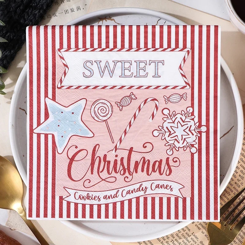 10/20pcs Christmas Elements Printed Paper Placemats Cartoon Letters Snowflakes Candy Wine Glasses Flowers Origami Party Napkins