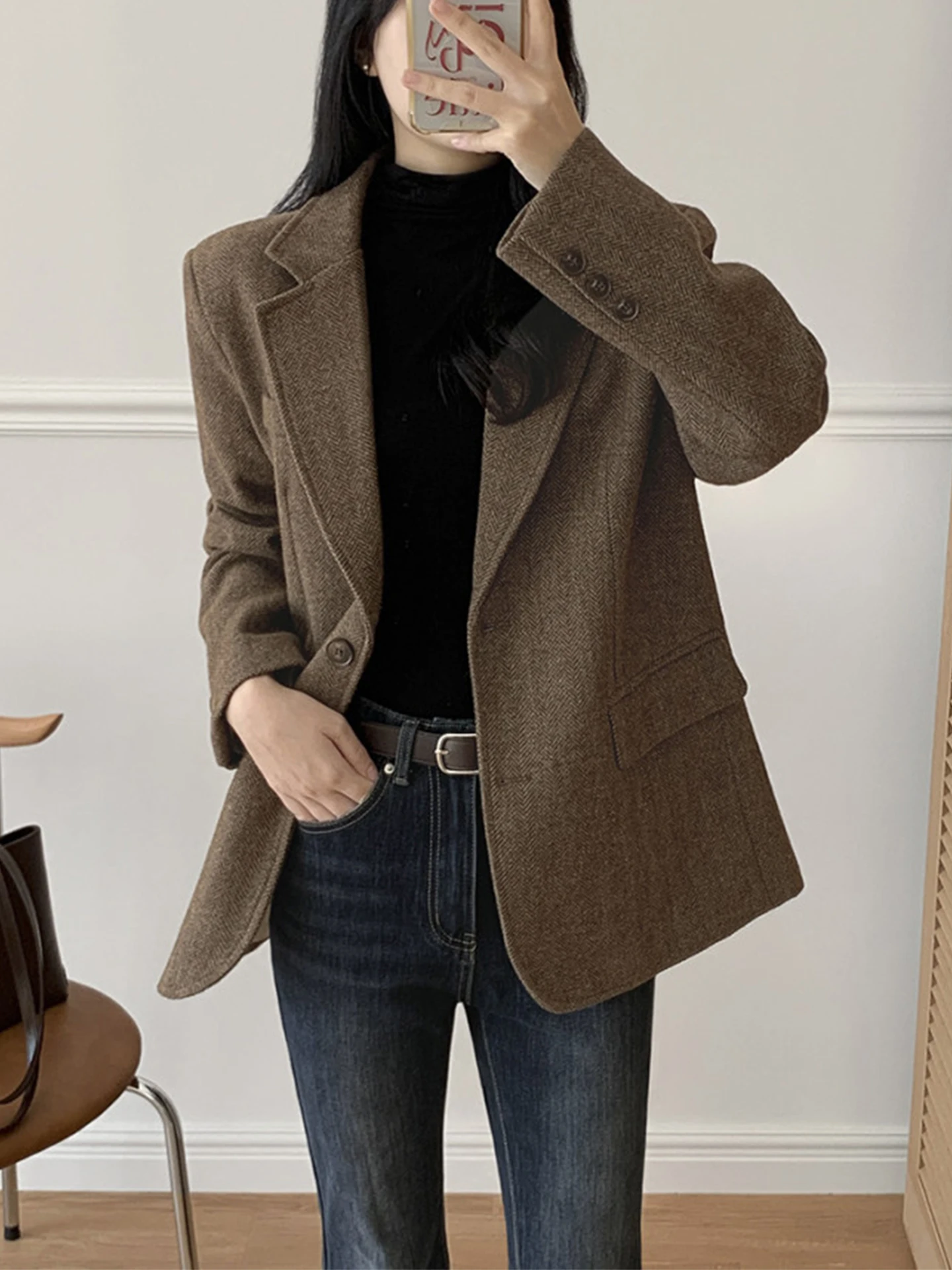 

Шикарное осеннее винтажное твидовое пальто, повседневное длинное женское пальто с воротником свека, свободная верхняя одежда для поездок на работу, женская мода