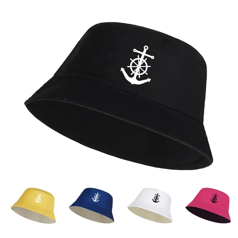 Anchor Ship Wheel Print Bucket Hat Casual Foldable Fisherman Hat for Men Women Beach Vacation Outdoor Activities