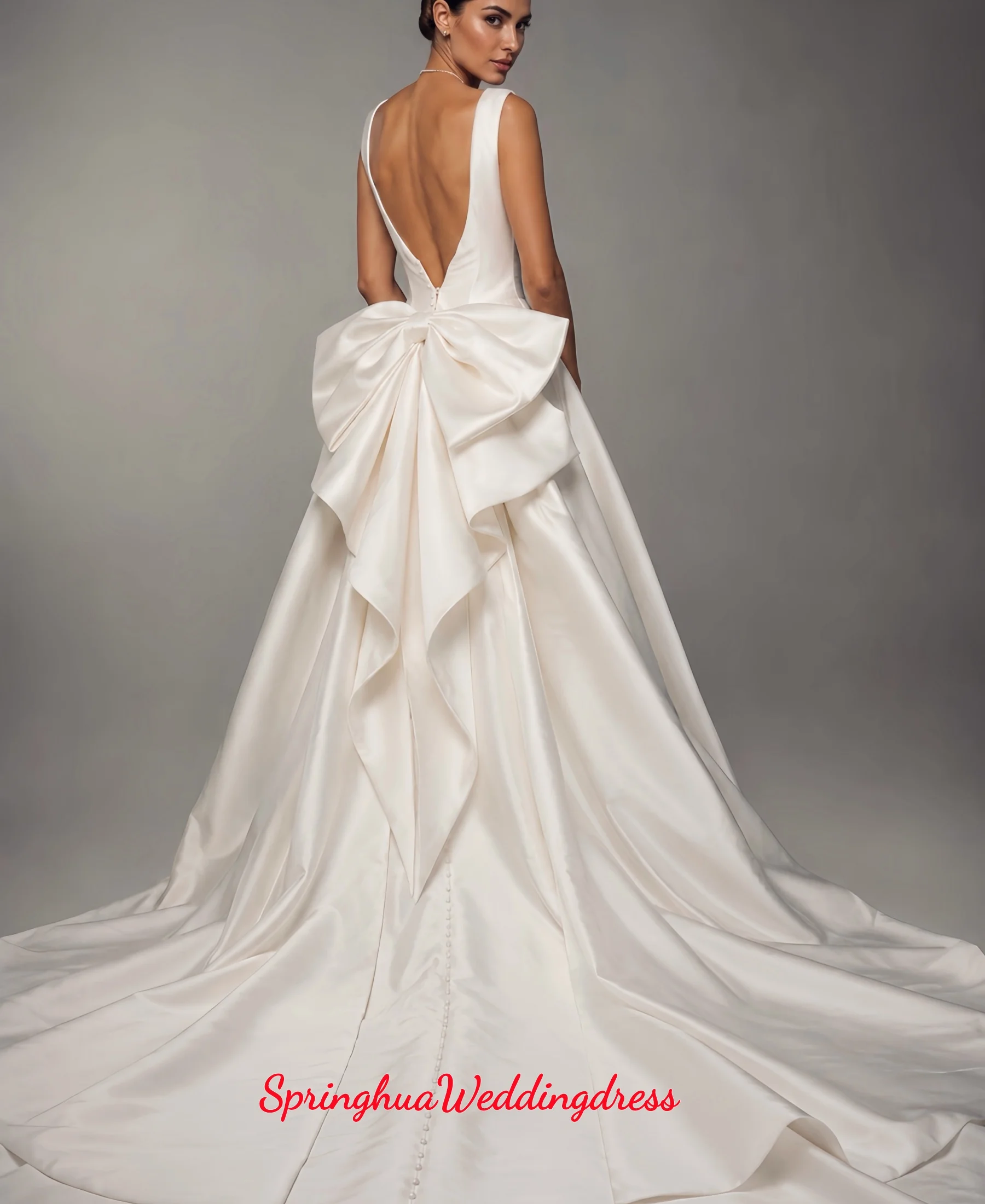 Customized Boat Neck Sleeveless Satin Wedding Dress Slim Waist Belt A‑Line Long Train Floor‑Length Bridal Gown Vestidos De Novia