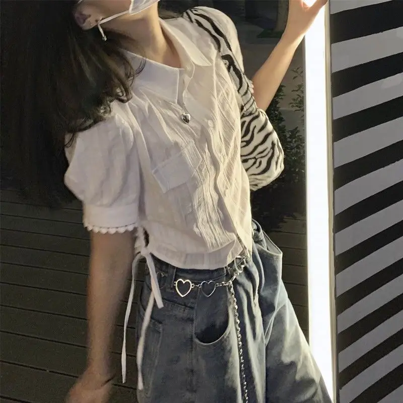 Shirring Shirts and Blouses Korea Short Sleeve Top Women 2024 Summer Button Sweet Blouses Pocket Elegant Solid White Clothes New