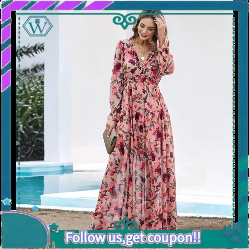 A09P Damska codzienna sukienka boho z głębokim dekoltem w serek i długim rękawem