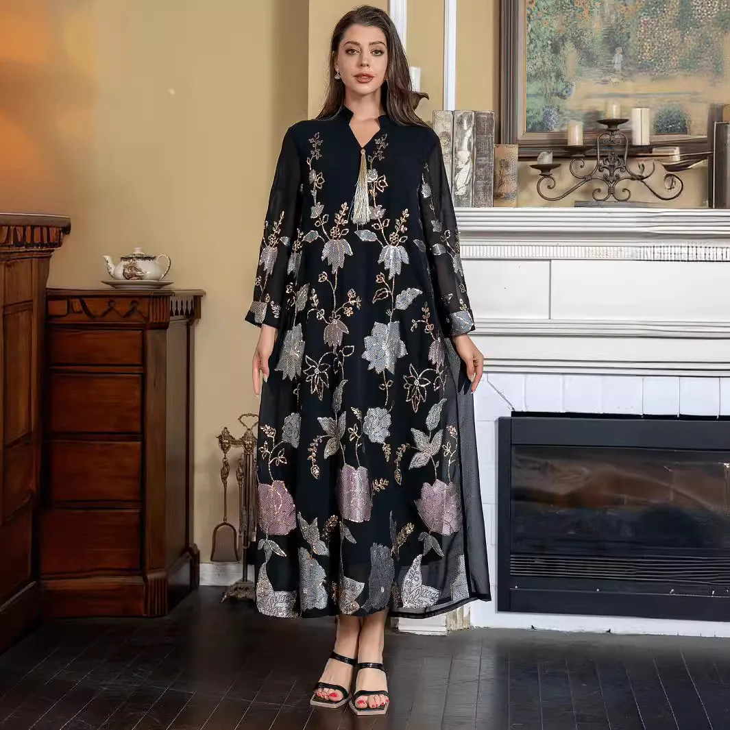 

Zd018ins Long Dress With Sequin Embroidery, Women's Tassel Dress, Ethnic Style Robe Abaya Ramadan Dubai Luxury Islam Elegant