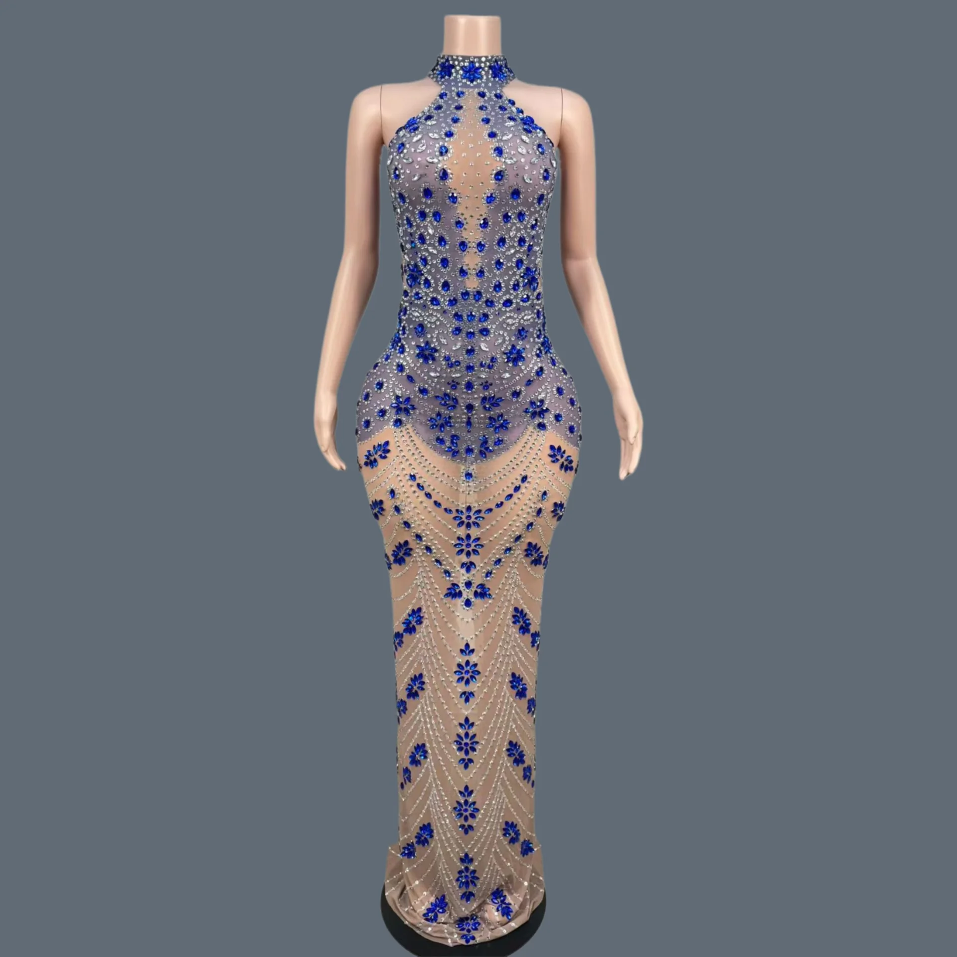 

Luxury Mesh Sexy Evening Gown Birthday Prom Sparkly Blue Crystals Off shoulder Long Dress Celebrate Event Show Dress Longshelan