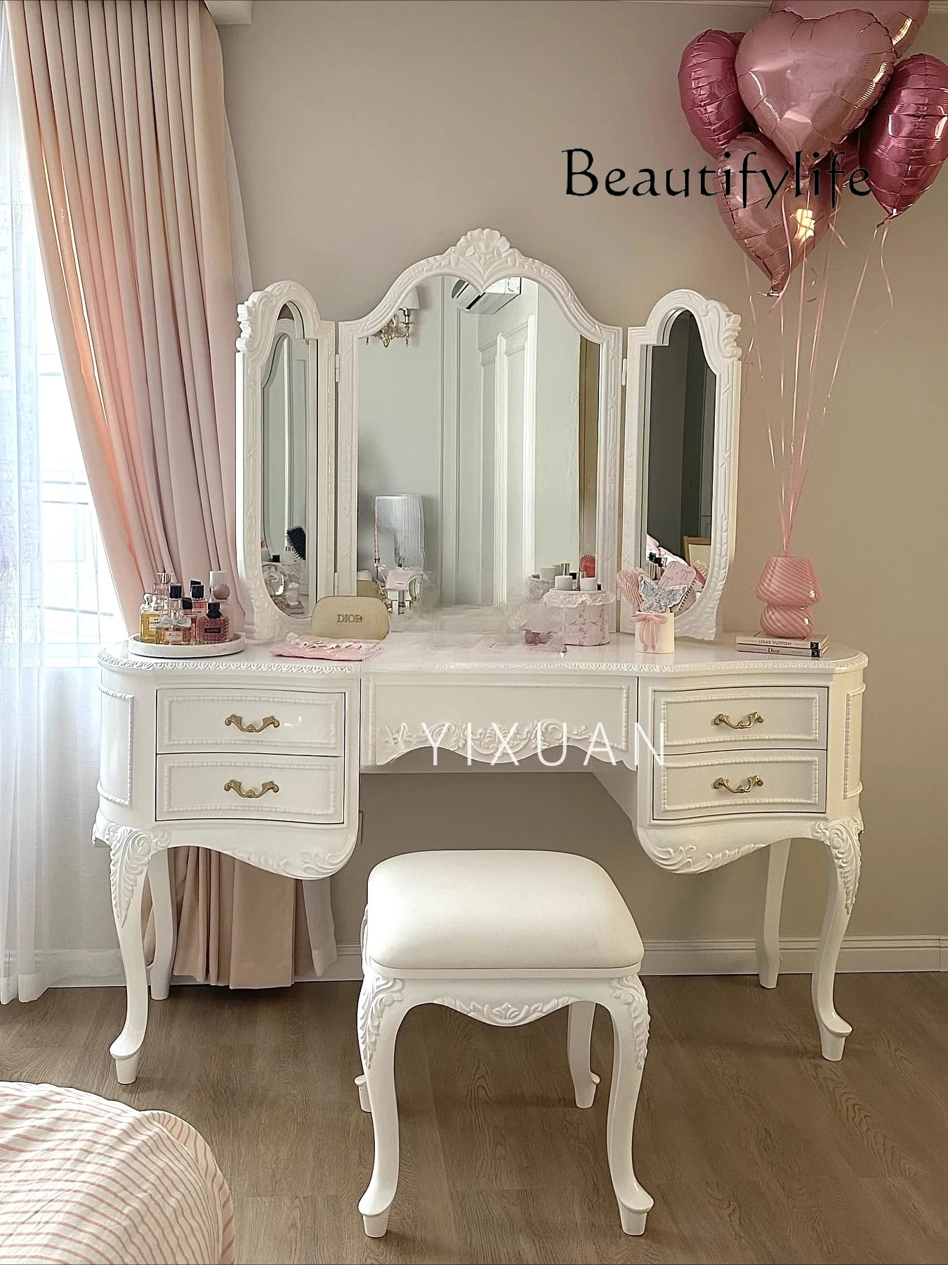 

ZL French retro solid wood carving flower bedroom dressing table Nordic modern white villa dressing table customization