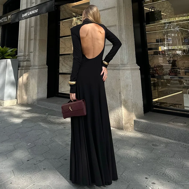 O-Neck Pleated Women's Bandage Dress Long Sleeve Backless Party Gown Gergeous Black Sheath Slim Evening Skirt Newest In Stock