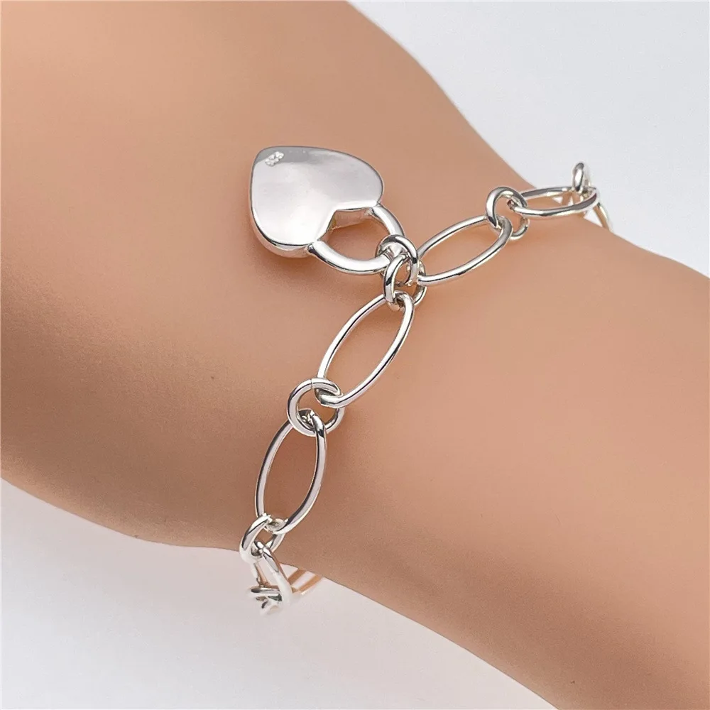 925 sterling Silver charms heart Bracelets for Women fashion Costume Jewelry 20cm 8inch Wedding accessories Christmas Gifts