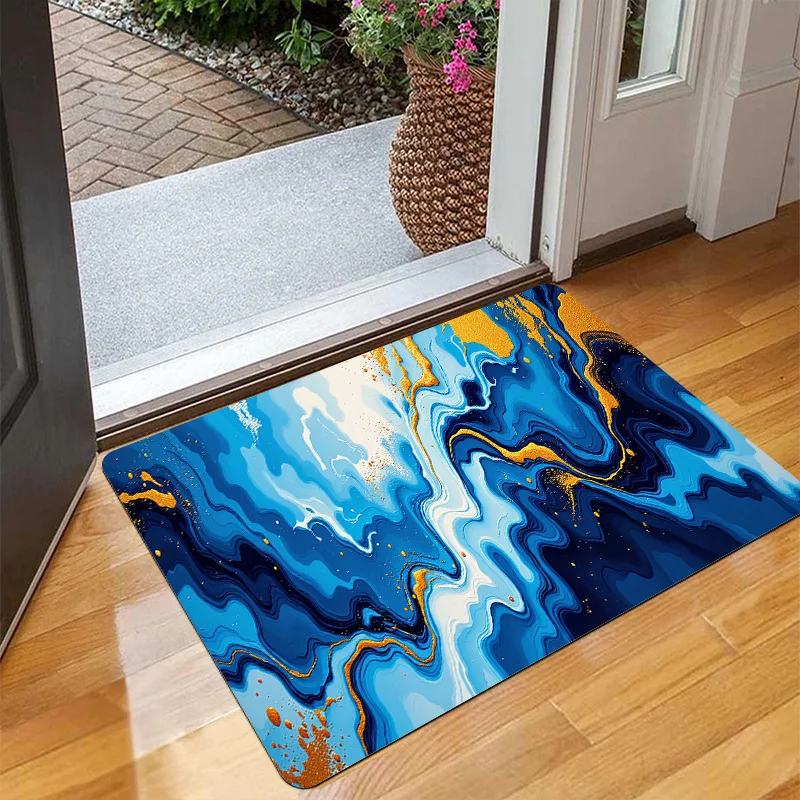 Abstract Blue Gold Marble Doormat Fluid Swirl Print For Entryway Living Room And Modern Luxury Home Decor