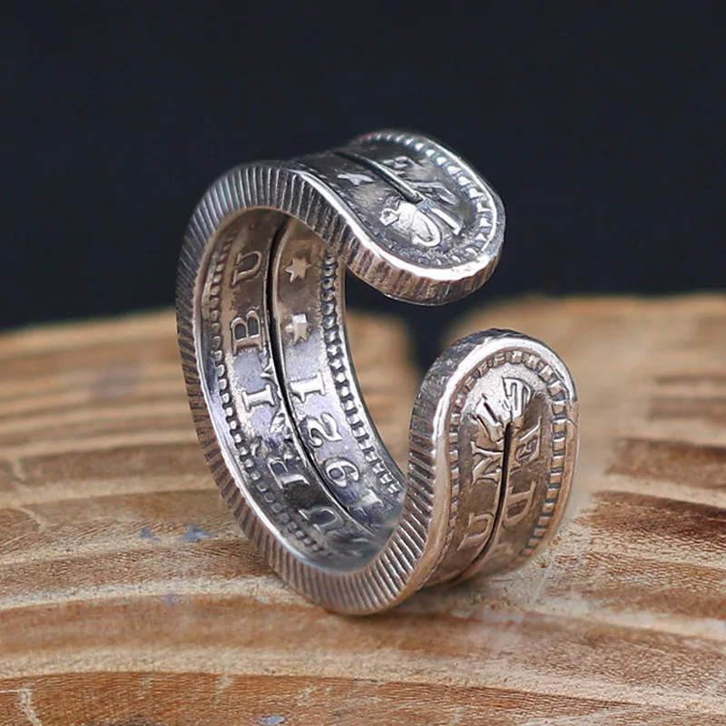 Retro Morgan Coin Ring For Men Silver Color Punk Gothic Adjustable Open Ring Handmade Rock Biker Accessories Man Jewelry Gift