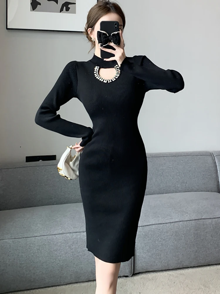 Herbst Winter Schwarz Gestrickte Diamanten Aushöhlen Sexy Midi Kleid Frauen Elegante Luxus Pullover Kleid 2025, Koreanische Bodycon Vestidos