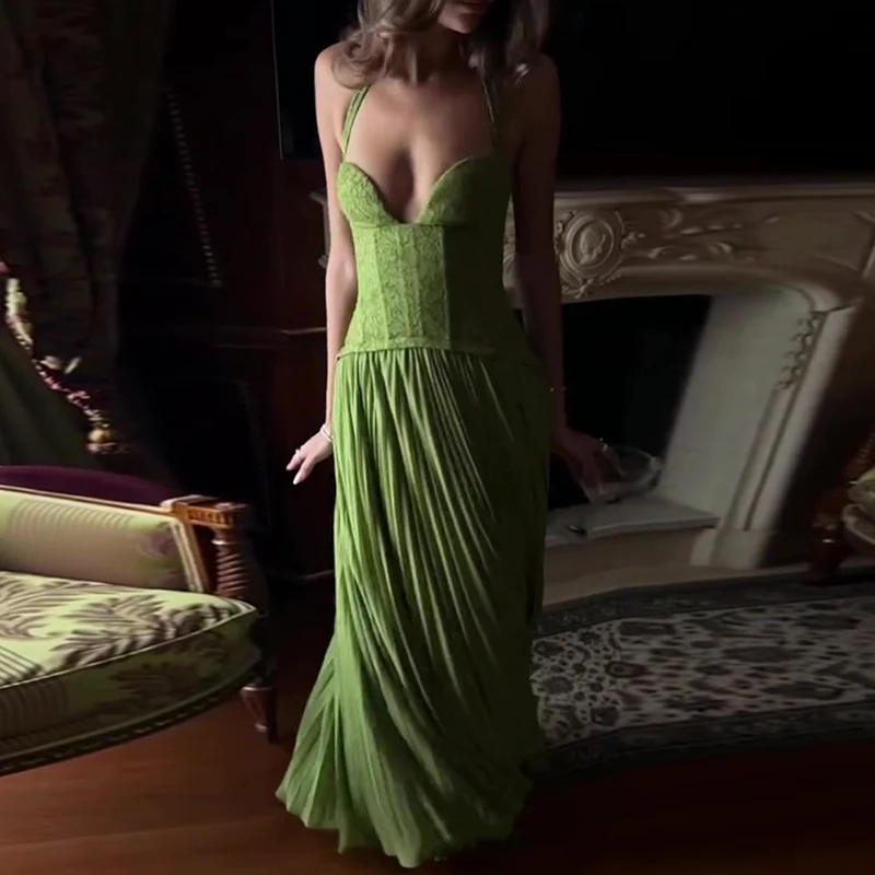 Robe Camisole verte Sexy, coupe basse, col en v, dos nu, ajourée, Slim, vacances, sans manches, pour femmes, printemps été, 2026