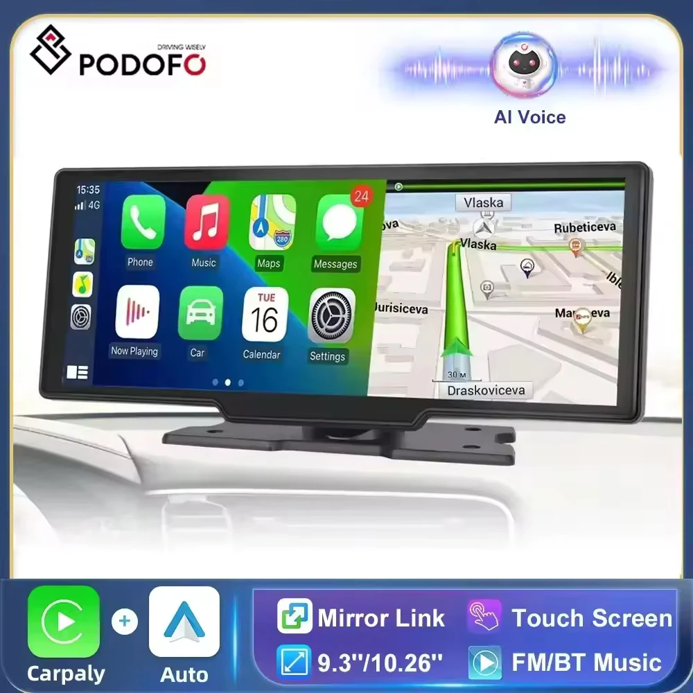 

Podofo 6.86"/10.26" Dash Cam Rearview Camera Carplay&Android Auto Smart Player With Voice Control Car DVR BT FM Mirror Monitor