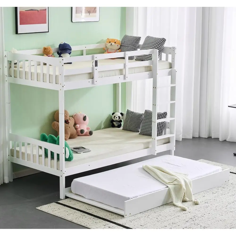 

Solid Wood Twin Over Twin Bunk Bed with RGB LED, Charging Station, 15 Safety Guardrail, and Ladder, White
