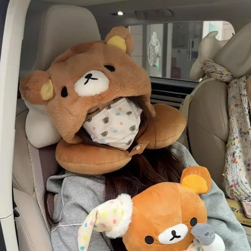 

Adorable Rilakkuma Plush U-Shaped Pillow Cute Cartoon Bear Car Travel Neck Pillow Soft Warm Sleeping Cushion Lightweight Gift
