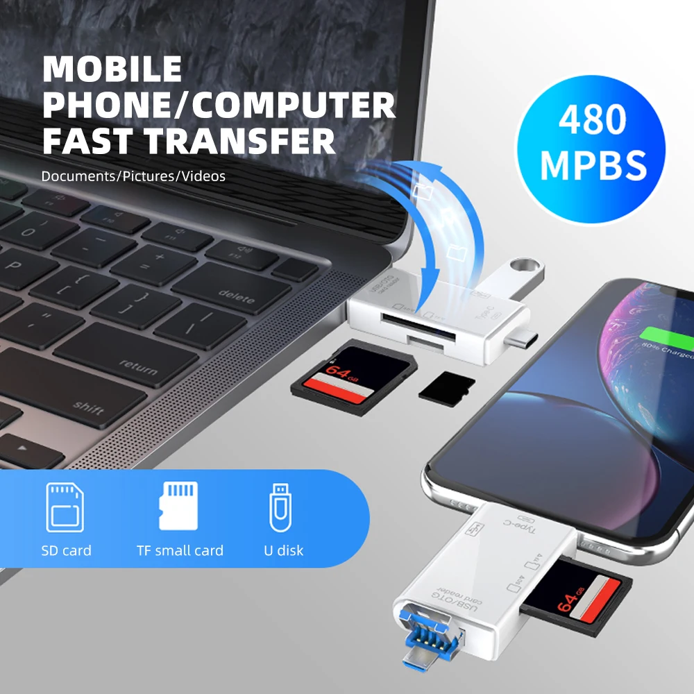 6 In 1 Multifunction Card Reader Computer Mobile OTG Converter TF SD Conversion USB Type C Micro USB High Speed Transfer Adapter