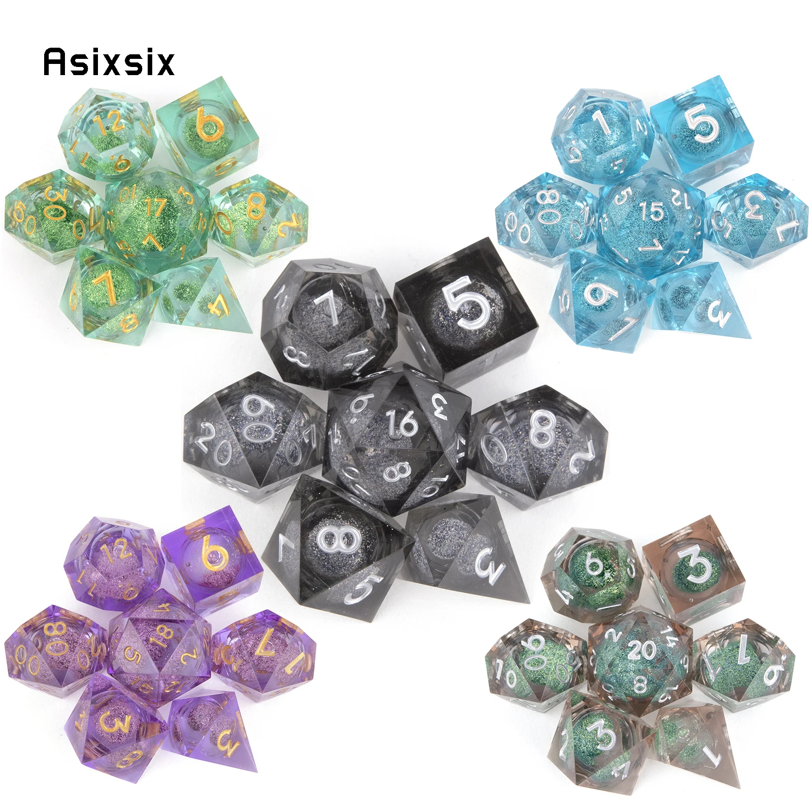 7 Pcs  All Kinds of Color Flowing Sand Golden Number Sharp Edge Dice Polyhedral Dice Suitable for  RPG   Board Game