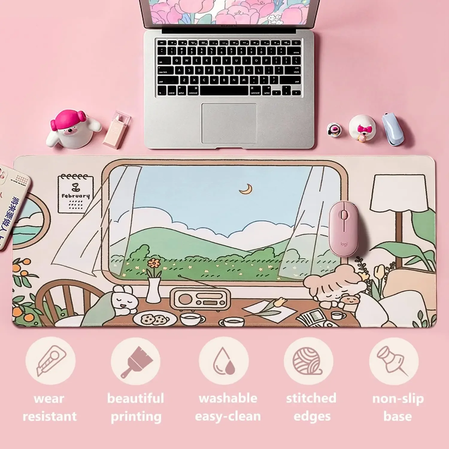 لوحة ماوس لطيفة ممتدة كبيرة باللون البيج الباستيل لتزيين مكتب المكتب للنساء والفتيات مقاس 31.5 × 11.8 بوصة للكمبيوتر المحمول