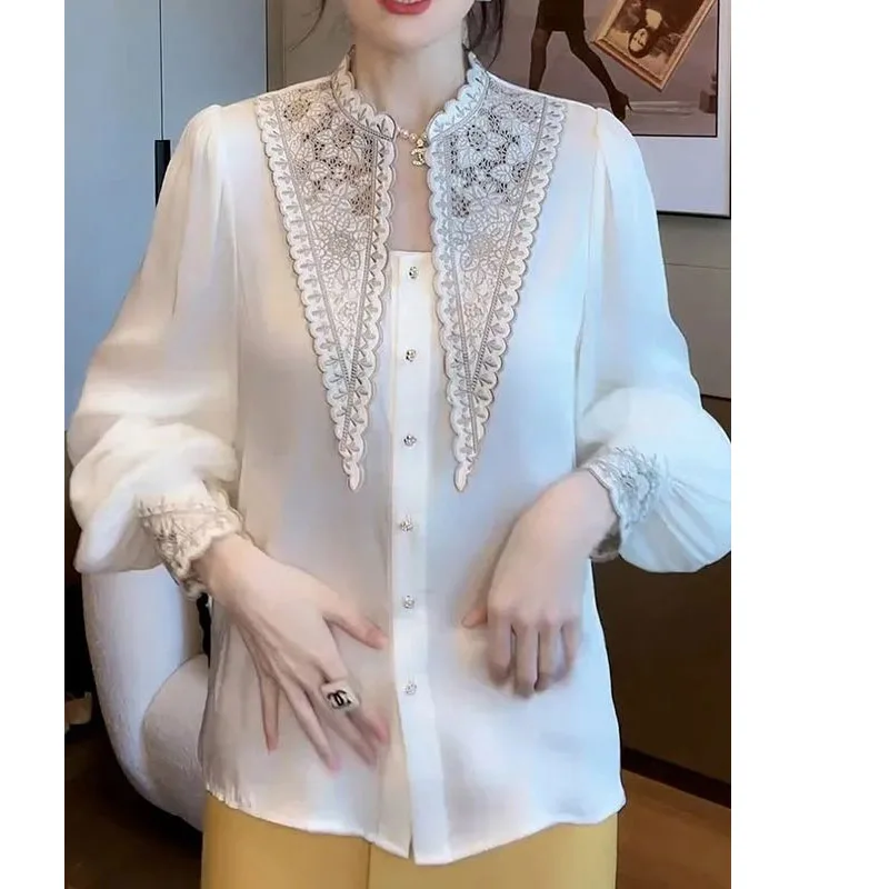 Fashion Korean White Embroidered Peaked Collar Blouse Women New Classic Long Sleeve Casual All-match Temperament Lady Shirt