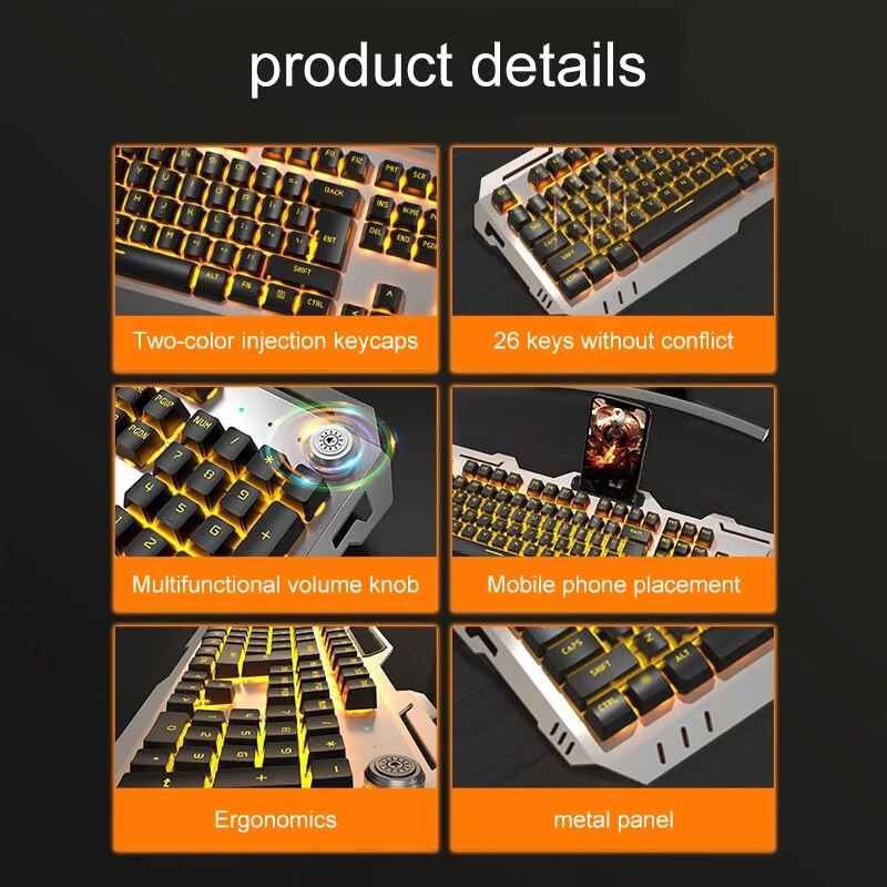 لوحة مفاتيح ألعاب لاسلكية EWEADN 2.4 جيجا هرتز، بإضاءة خلفية LED 104 مفاتيح، غشاء صامت، لوحة معدنية، قابلة لإعادة الشحن (USB)، للكمبيوتر الشخصي/الكمبيوتر المحمول