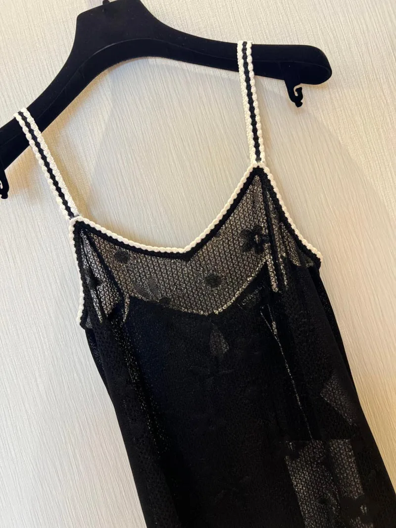 2024 New Fashion Summer Floral Pattern Hollow Out Knitted Camisole Women Straps Sleeveless Tops Sweet Girl Black Camis