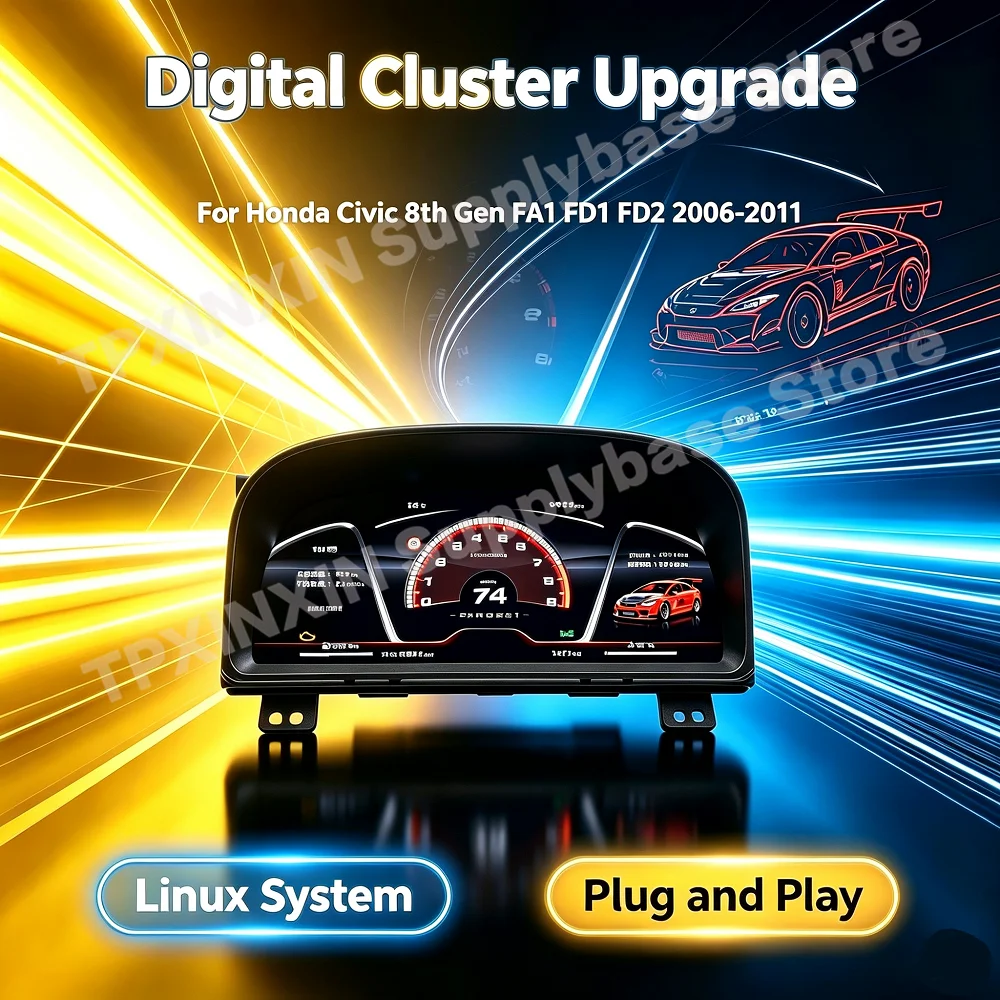 12.3 In Digital Instrument Cluster For Honda Civic 8th Gen FA1 FD1 FD2 2006~2011 Linux LCD Dashboard Speedometer Virtual Cockpit