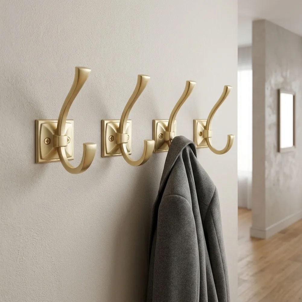 Zinc Alloy Dual Prong Coat Hooks Brushed Satin Gold for Modern Home Decor 2.81 Inch Projection 0.94 Inch Hole Center Distance