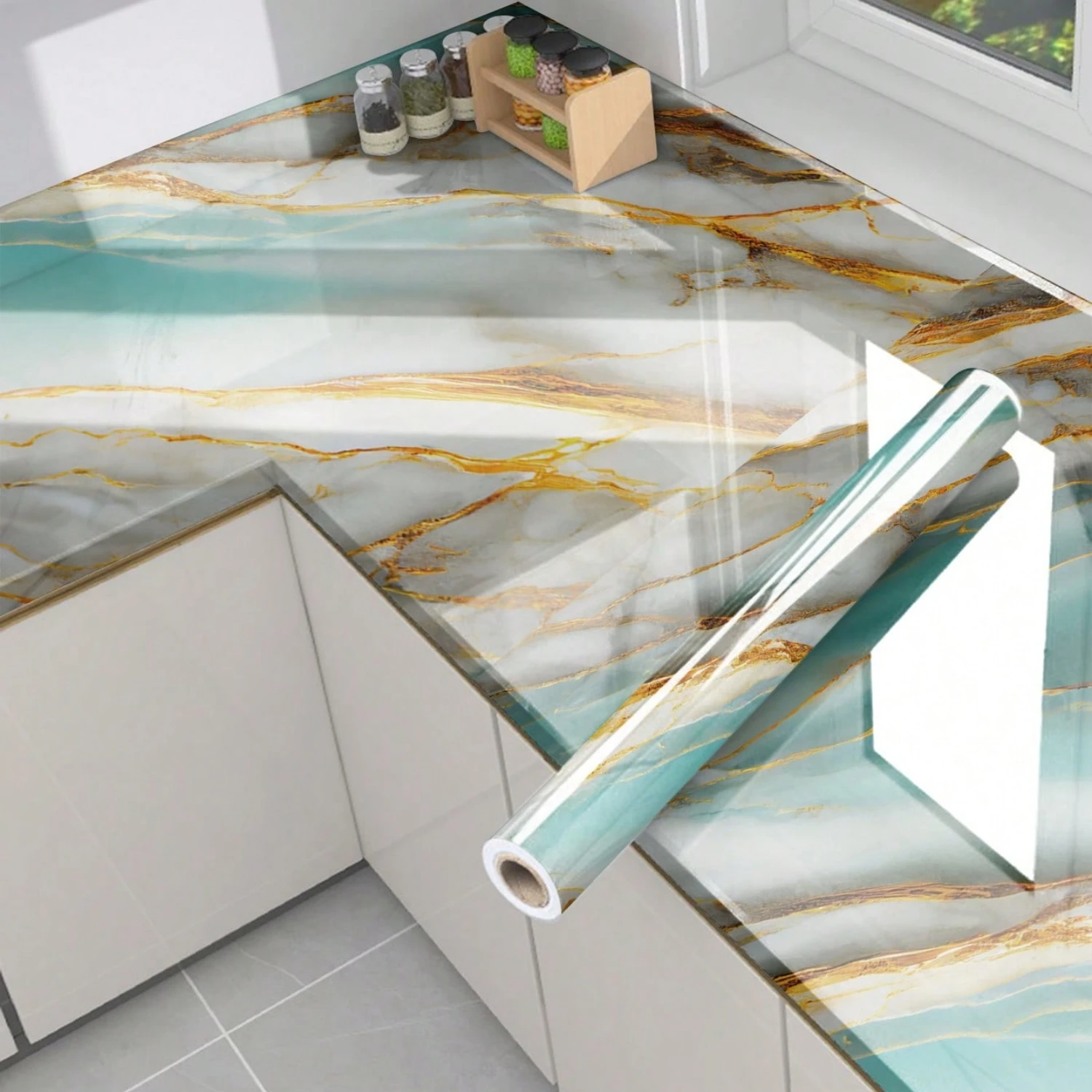10M Marble Decor Stickers Self Adhesive Waterproof Oil Proof Aluminum Foil Wallpaper for Kitchen Cabinet Countertop Renovation