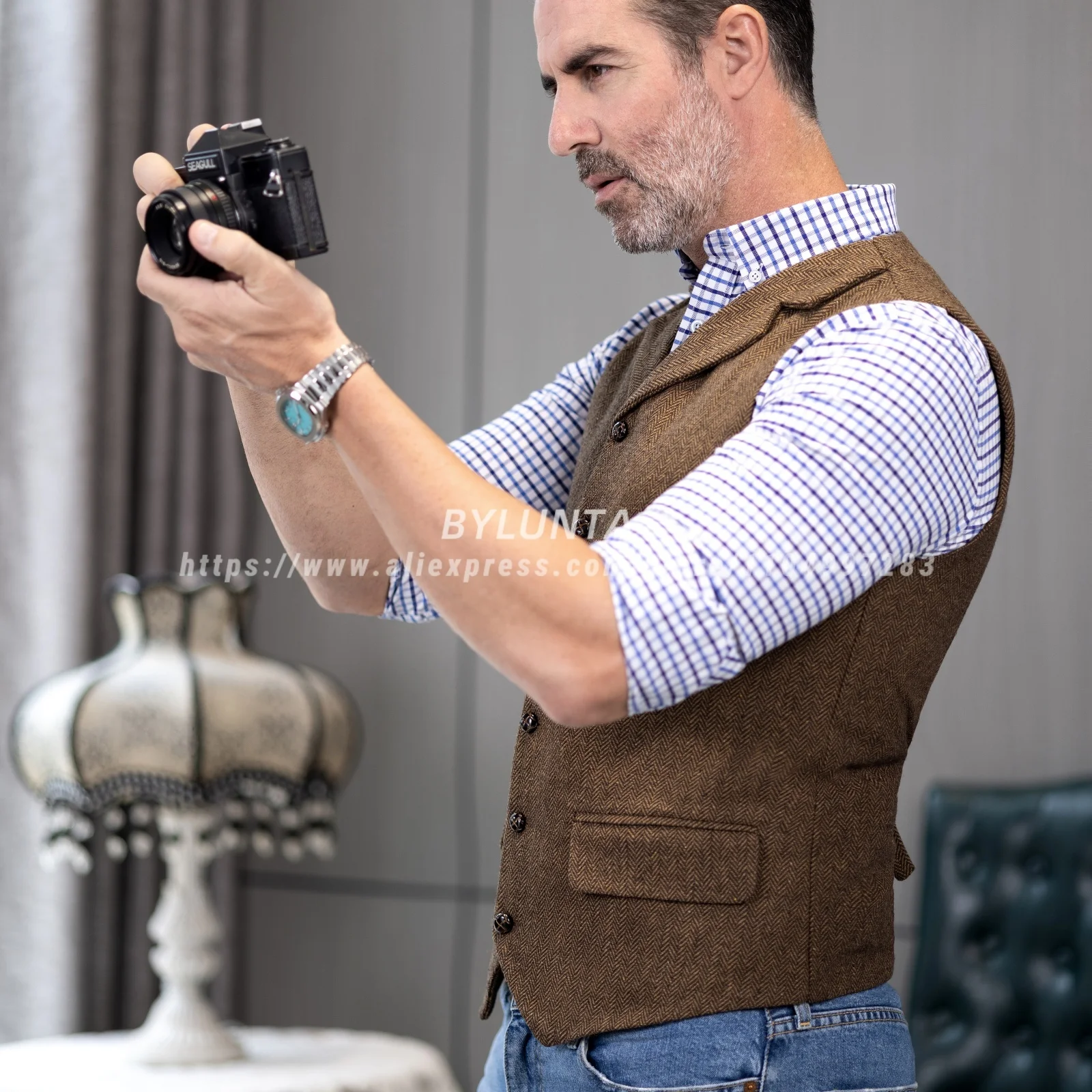 

Men's Wool Tweed Slim Fit Leisure Cotton Burgundy Vest Gentleman Herringbone Business Brown Waistcoat Blazer For Wedding Groom