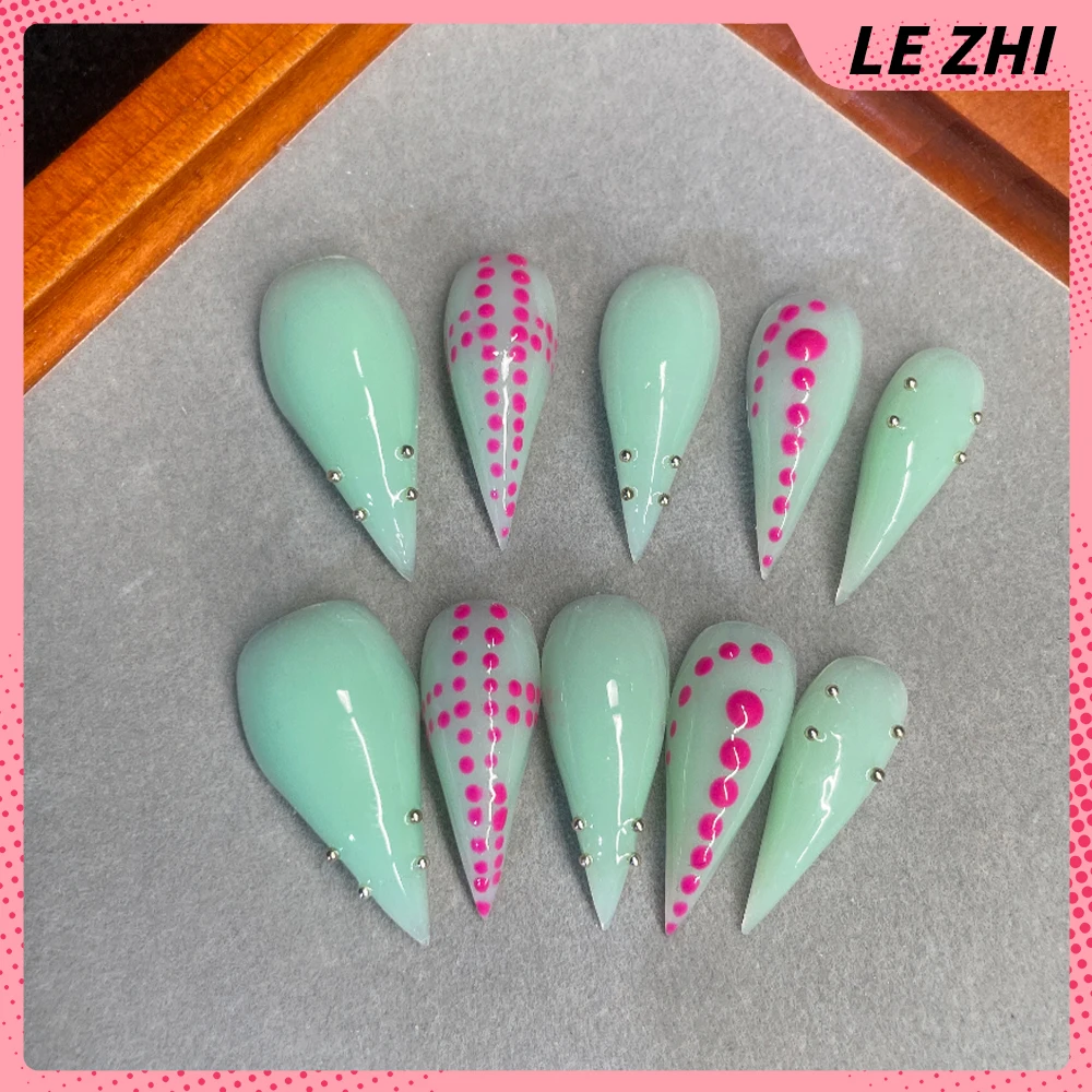 10Pcs Spice Girl Handmade Long Beast Claw Press On Nails Metal Rivets Cat Eyes Sequins Gradients Dragon Shape Claw Fake Nails view 2