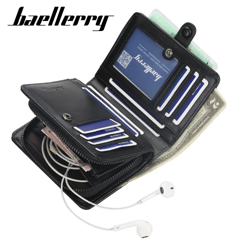 Baellerry Men Wallets Free Name Engraving Card Holder Zipper Men Purse Solid Coin Pocket High Quality Male Purse