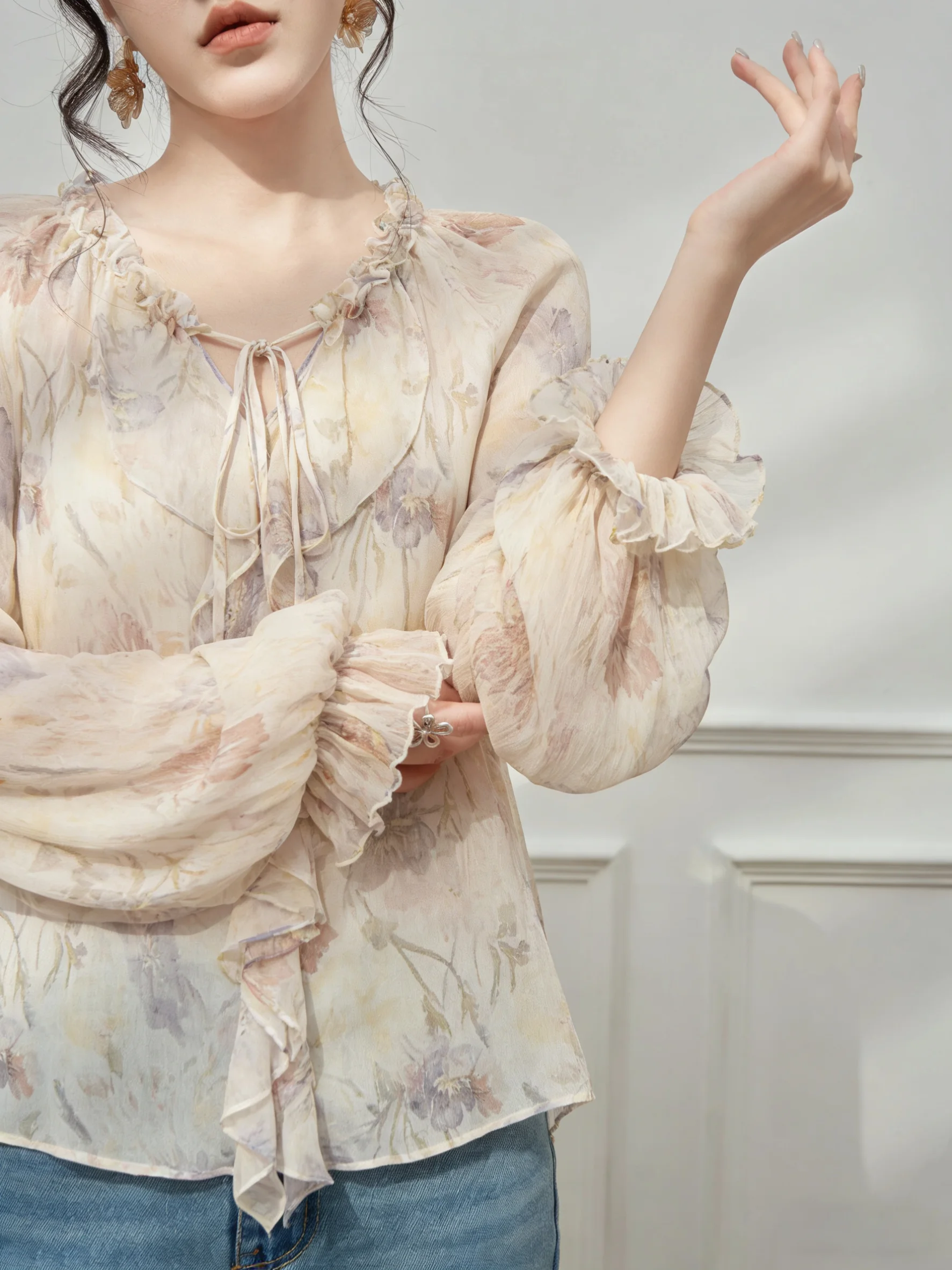 

Французский шифоновый топ с принтом, круглым вырезом, поясом, скрывающий живот, базовая рубашка свободного кроя с длинным рукавом, с цветочным узором