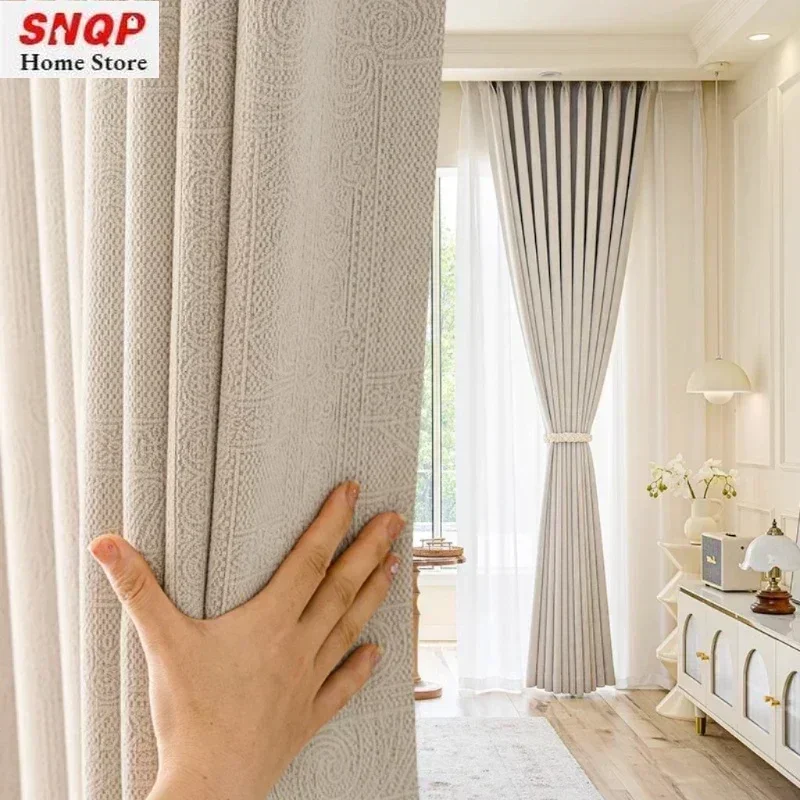 French Chenille Relief Jacquard Simple Cream Thicken Curtains for Living Room Luxury Bedroom Dining Blackout Window White Tulle