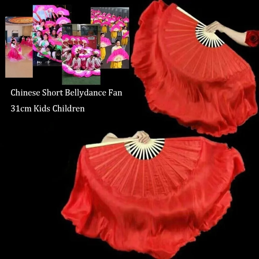 

1pair 31cm Bamboo Chinese Short Bellydance Fan 16cm Half Circle Silk Colorful Children Bamboo Fans 10 Styles